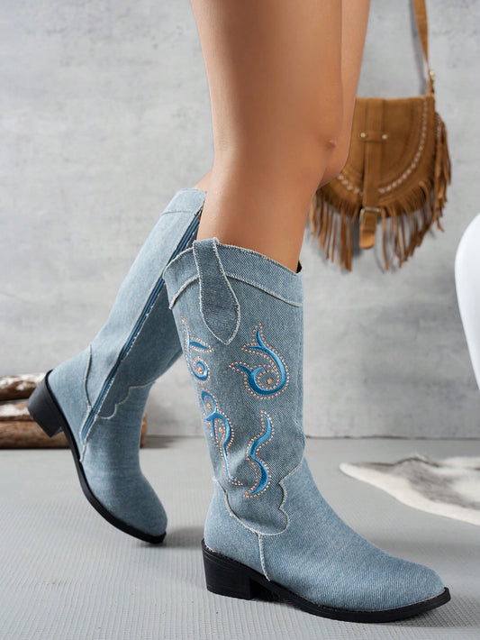 Chic Western Elegance: Women's Thick Heeled Pointed Toe Cowboy Boots