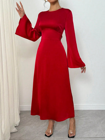 Elegant Flared Sleeve Cross Waist Tie-Back Dress – Perfect for Holiday Celebrations!