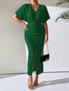 Chic Elegance: Women's Solid Color V-Neck Batwing Dress with Ruched Slit