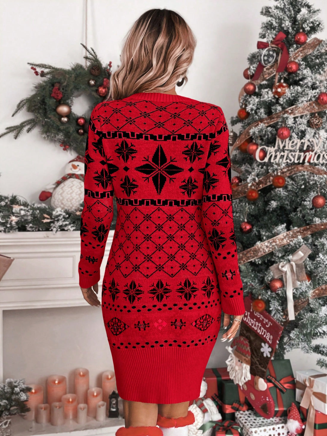 Elevate your holiday style with our Chic Christmas Geometric Fitted Sweater Dress for Women. This dress features a festive geometric pattern and a flattering, fitted silhouette. Stay cozy and stylish this season with this must-have holiday piece.