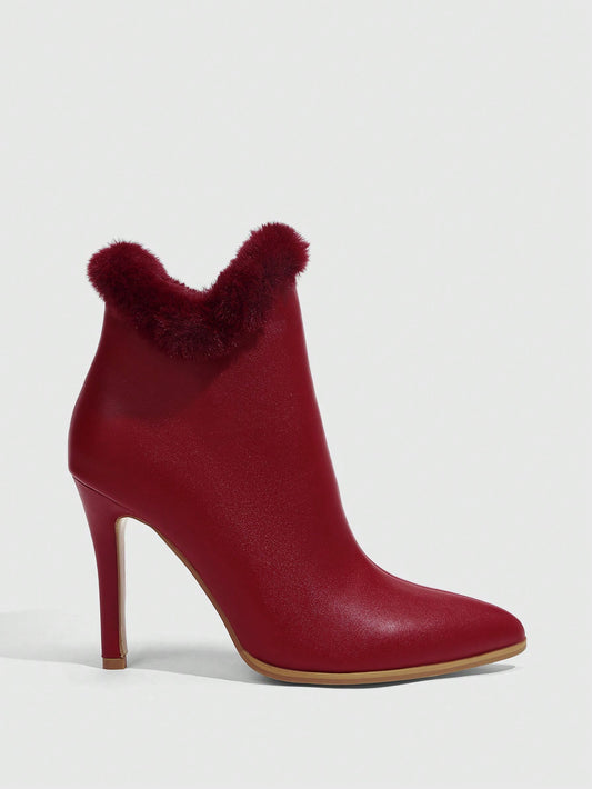 Chic Red High Heel Ankle Boots with Faux Fur Accents