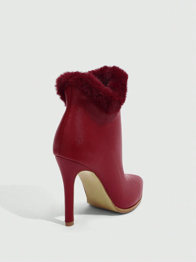 Chic Red High Heel Ankle Boots with Faux Fur Accents