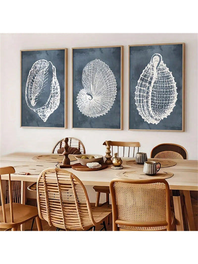 Coastal Charm: 3-Piece Seashell Canvas Wall Art Set for Beach-Inspired Decor