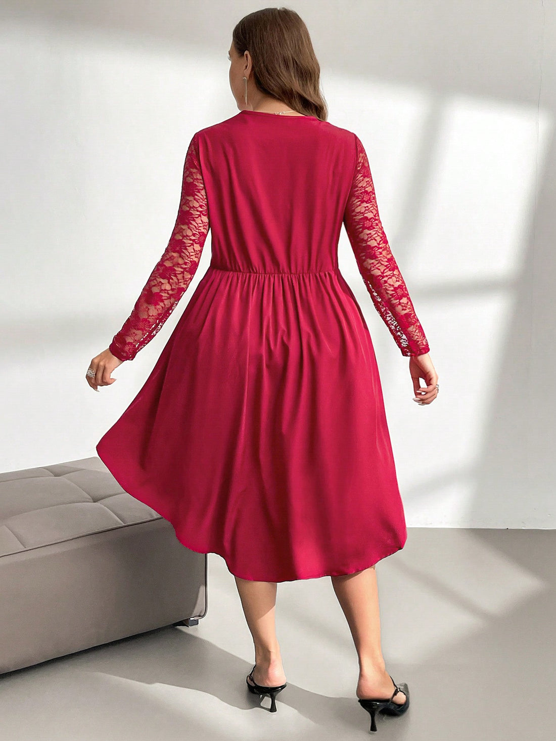 Turn heads this New Year with our Burgundy Plus Size Lace Panel Flare Dress! Featuring delicate sheer sleeves and romantic lace panels, this dress combines elegance with a flirty flare. Designed to celebrate curves and capture the essence of French romance, it’s the perfect choice to dance the night away in style and confidence. Embrace the party spirit with a look that’s as playful as it is enchanting.