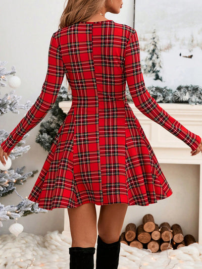 Chic Plaid Print Mini Dress: Perfect for Casual and Formal Winter Celebrations