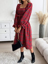 Chic Christmas Charm: Women's Plaid Midi Dress with Wide Collar and Lantern Sleeves