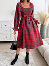 Chic Christmas Charm: Women's Plaid Midi Dress with Wide Collar and Lantern Sleeves