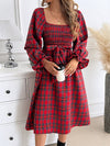 Chic Christmas Charm: Women's Plaid Midi Dress with Wide Collar and Lantern Sleeves