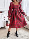 Chic Christmas Charm: Women's Plaid Midi Dress with Wide Collar and Lantern Sleeves