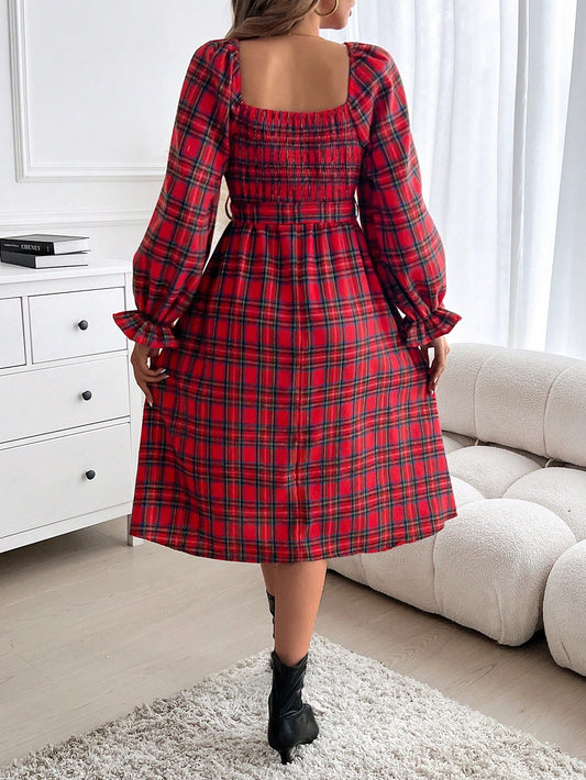 Chic Christmas Charm: Women's Plaid Midi Dress with Wide Collar and Lantern Sleeves