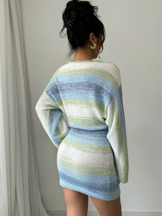 Chic Color Block Stripe Long Sleeve Sweater Dress for Effortless Style