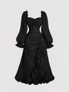 Vintage Puff Sleeve Dress with Ruffle Hem - Perfect for Halloween & Day of the Dead Celebrations