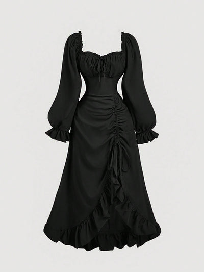 Vintage Puff Sleeve Dress with Ruffle Hem - Perfect for Halloween & Day of the Dead Celebrations