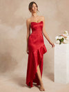 Elegant Strapless Satin Jacquard Ruffle High-Low Dress – Perfect for Any Occasion