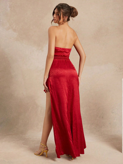 Elegant Strapless Satin Jacquard Ruffle High-Low Dress – Perfect for Any Occasion