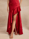 Elegant Strapless Satin Jacquard Ruffle High-Low Dress – Perfect for Any Occasion