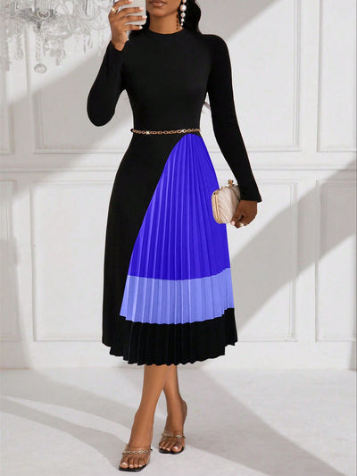 Chic Midi Pleated Patchwork Knit Dress for Women