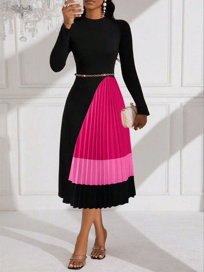 Chic Midi Pleated Patchwork Knit Dress for Women