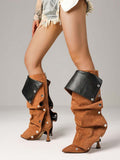 Front view of Elegant Winter Brown Knee High Ruched Slouchy Stiletto Boots for Women - Perfect Nightclub Luxury Footwear for knee high boot styling
