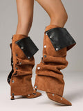Side view of Elegant Winter Brown Knee High Ruched Slouchy Stiletto Boots for Women - Perfect Nightclub Luxury Footwear for knee high boot styling