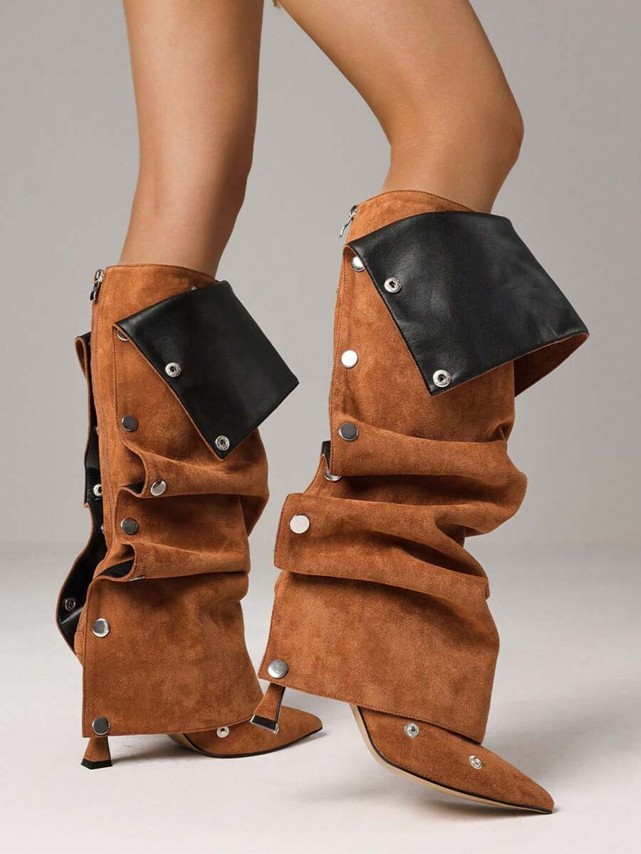 Side view of Elegant Winter Brown Knee High Ruched Slouchy Stiletto Boots for Women - Perfect Nightclub Luxury Footwear for knee high boot styling