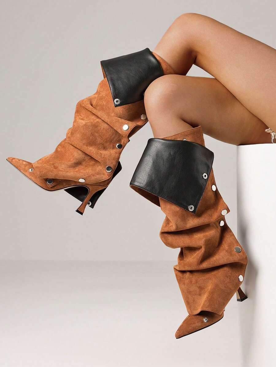 Outsole view of Elegant Winter Brown Knee High Ruched Slouchy Stiletto Boots for Women - Perfect Nightclub Luxury Footwear for knee high boot styling