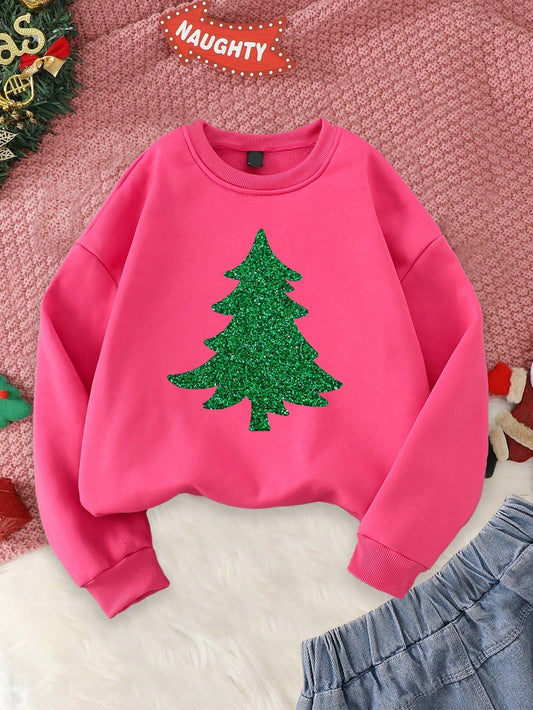 Festive Flair: Women's Casual Christmas Tree Pattern Crew Neck Sweatshirt