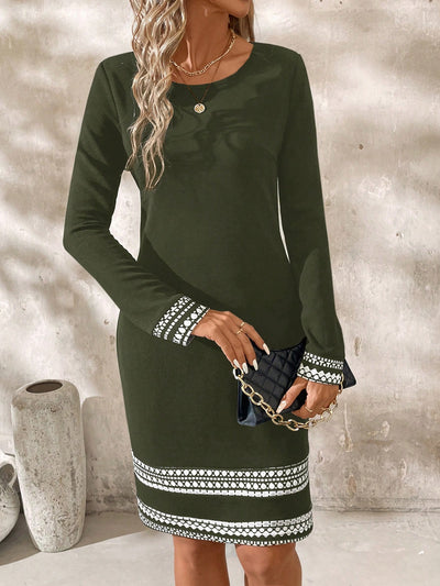 Elegant Contrast Color Geometric Print Long Sleeve Fitted Dress for Spring & Autumn