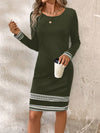 Elegant Contrast Color Geometric Print Long Sleeve Fitted Dress for Spring & Autumn