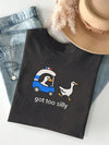 Whimsical Goose Patrol: Funny Embroidered Graphic Tee for Women