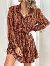 Chic Autumn Puff Sleeve Dress with Stand Collar & Ruffle Hem