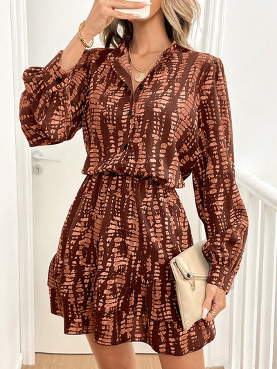 Chic Autumn Puff Sleeve Dress with Stand Collar & Ruffle Hem