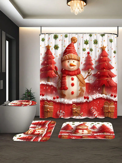 Festive Cheer: 4-Piece Red Snowman Bathroom Set with Waterproof Shower Curtain & Accessories