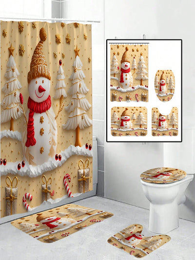 Festive Cheer: 4-Piece Red Snowman Bathroom Set with Waterproof Shower Curtain & Accessories