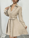 Elegant Ruched Waist Long Sleeve Dress with Front Buttons