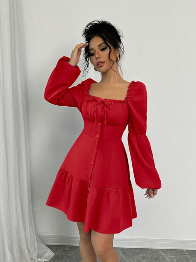 Elegant A-Line Puff Sleeve Ruffle Hem Dress - Perfect for Any Occasion