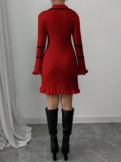 Chic Blocked Elegance: Women’s Ribbed Knitted Long Sleeve Sweater Dress