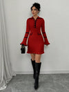 Chic Blocked Elegance: Women’s Ribbed Knitted Long Sleeve Sweater Dress