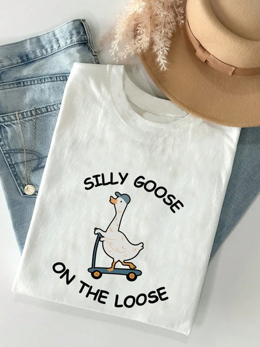 Whimsical Goose Patrol: Funny Embroidered Graphic Tee for Women