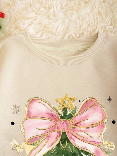 Festive Charm: Women's Casual Bow Christmas Tree Print Sweatshirt