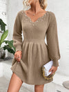 Chic Pearl-Accented Notched Neckline Sweater Dress with Lantern Sleeves