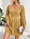 Chic Pearl-Accented Notched Neckline Sweater Dress with Lantern Sleeves