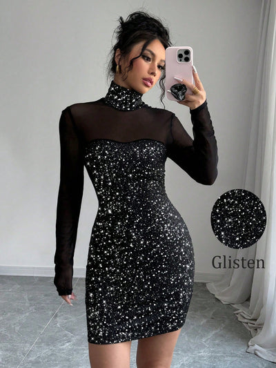 Elegant French High Neck Sequin Mesh Dress - Sparkle in Style