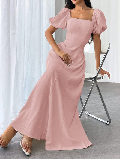 Elegant Summer Solid Square Neck Bishop Sleeve Dress for Women