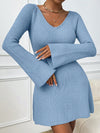 Cozy Chic: V-Neck Bell Sleeve Sweater Dress for Effortless Autumn Style