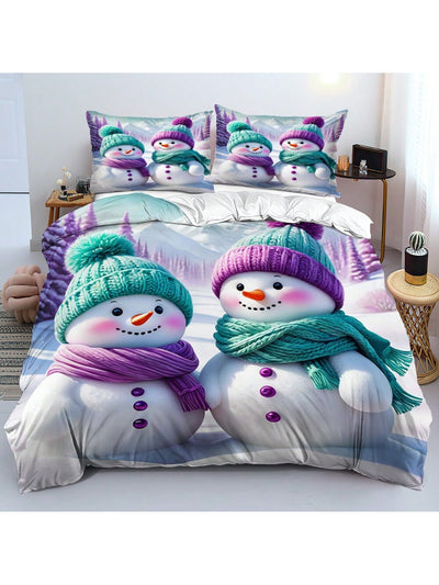 Cozy 3-Piece Pink Snowman Duvet Cover Set – Soft Cartoon Digital Print Bedding for a Charming Bedroom