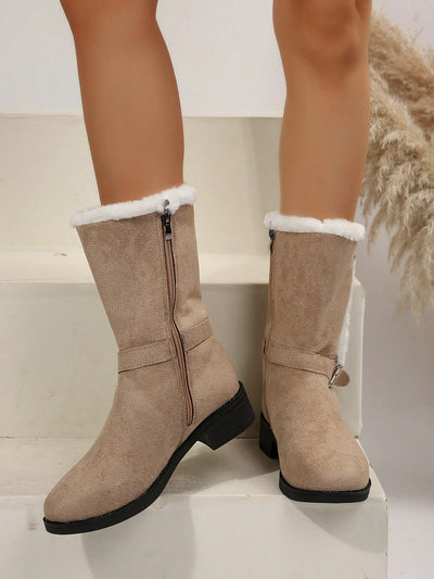 Cozy Chic: Women's Buckle Detail Thick Heel Ankle Boots for Winter Style