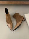 Chic Pointed Toe Chunky Heel Ankle Boots - Stylish PU Leather & Suede Patchwork Design