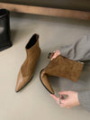 Chic Pointed Toe Chunky Heel Ankle Boots - Stylish PU Leather & Suede Patchwork Design