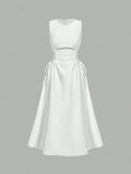White sleeveless lace up waist midi dress front view